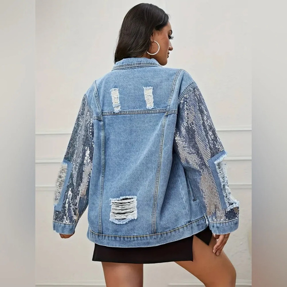 Sequin Oversized Distressed Denim Jacket - Picture 4 of 6